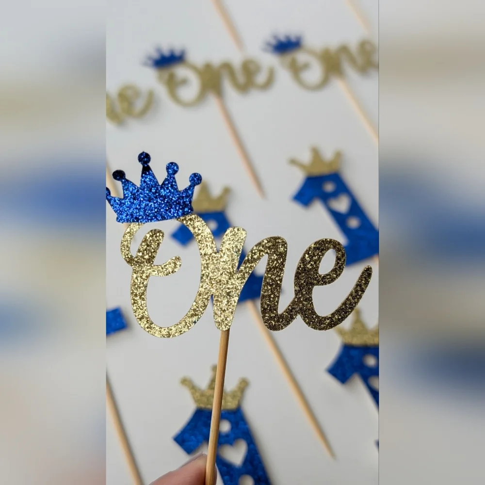First Birthday Cupcake Toppers - Glitter One Crown Heart Cupcake Picks, 23-Piece